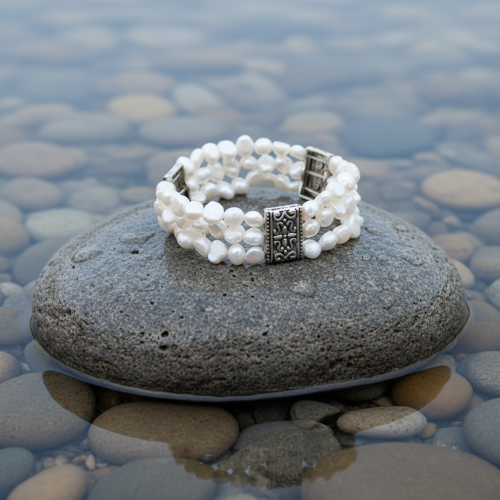 Zoetwater parel armband Three Row White Pearl op realistische grijze steen