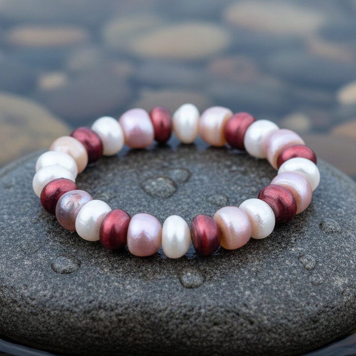 Zoetwater parel armband Tri Color Light op realistische grijze steen - close-up
