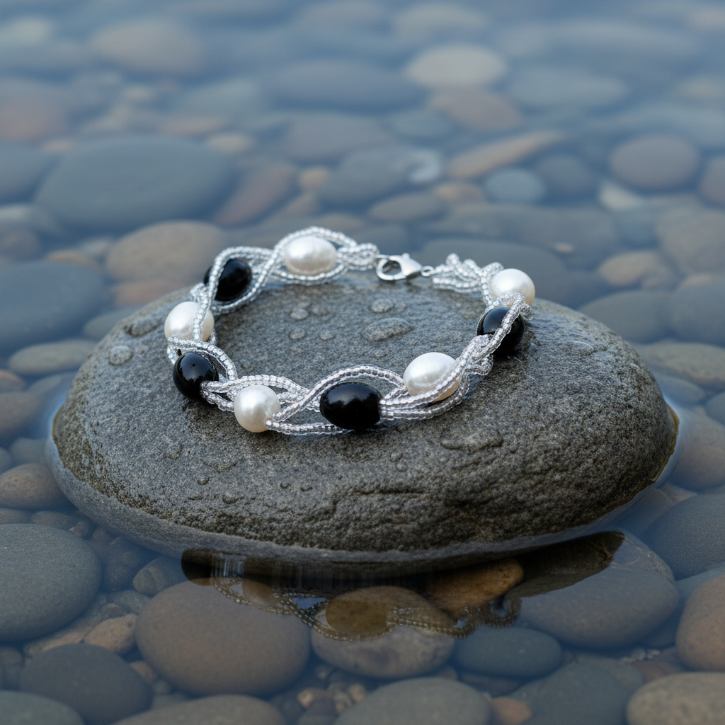 Zoetwater parel armband Twine Pearl Black Glass op realistische grijze steen - met slotje