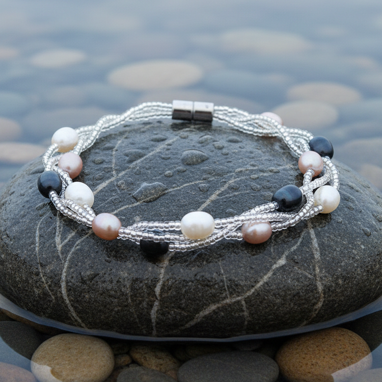 Zoetwater parel armband Twine Pearl Multi Color op realistische grijze steen