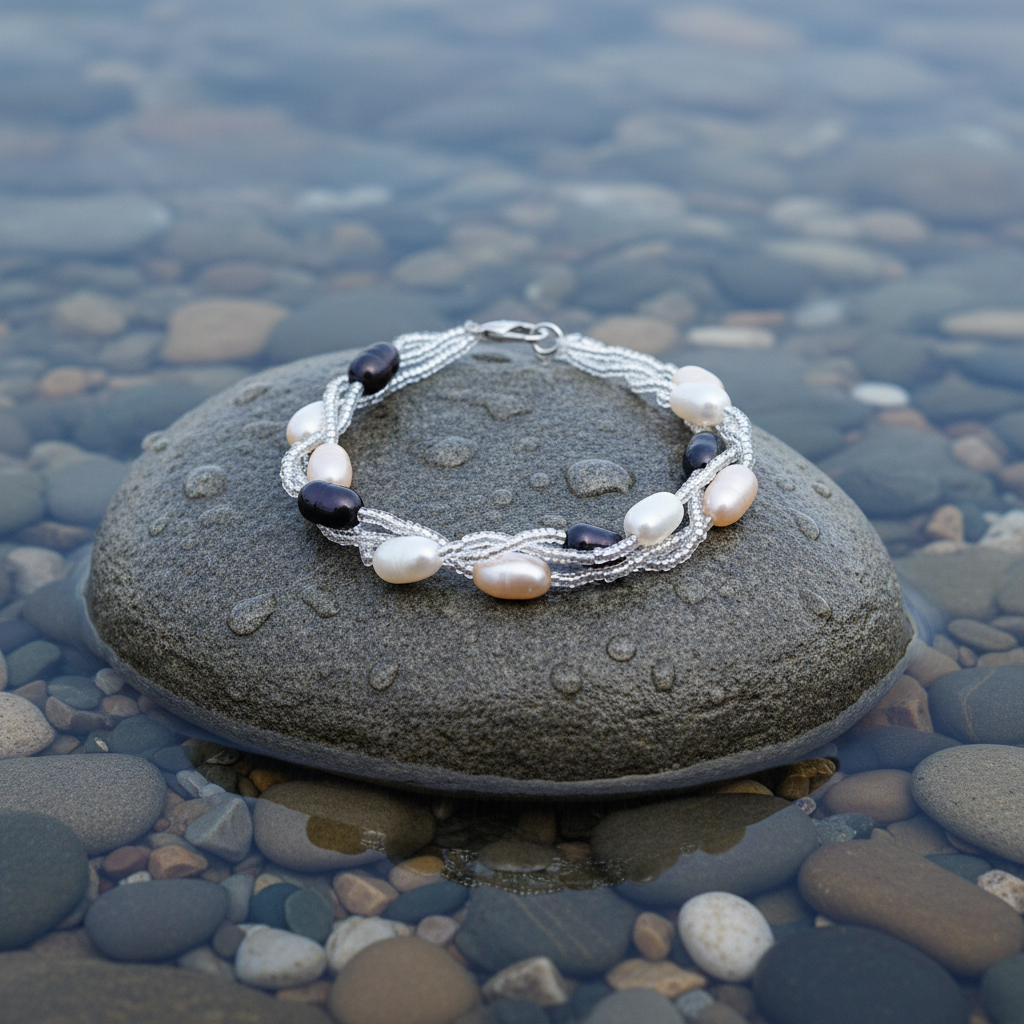 Zoetwater parel armband Twine Pearl Multi Color Two op realistische grijze steen - met slotje
