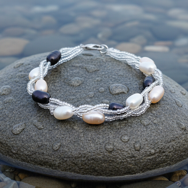 Zoetwater parel armband Twine Pearl Multi Color Two op realistische grijze steen - met slotje
