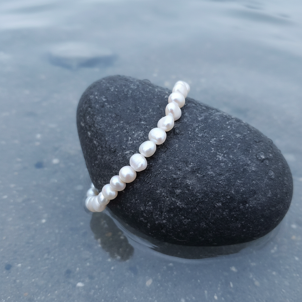 Zoetwater parel armband Weaca bovenaanzicht op natte grijze steen