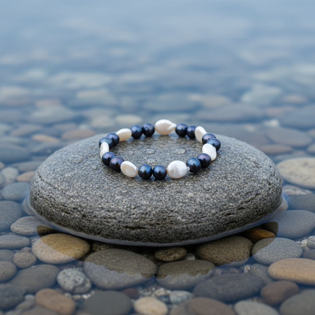 Zoetwater parel armband White Coin Dark Pearl op realistische grijze steen - variant