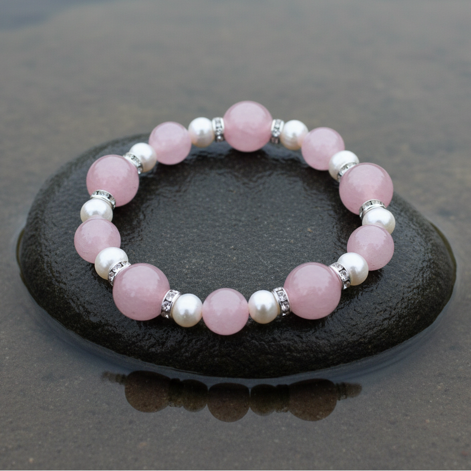 Wit zoetwater parel armband met roze edelstenen rozenkwart en stras steentjes liggend op steen, elastisch | Bling Paerl W Rose Quartz