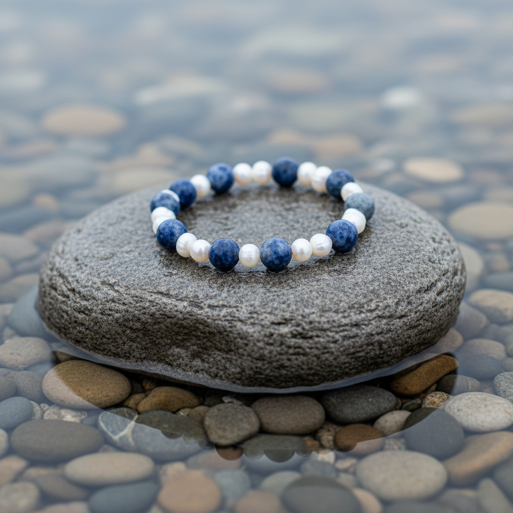 Zoetwater parel en edelstenen armband Pearl Blue Spot op realistische grijze steen