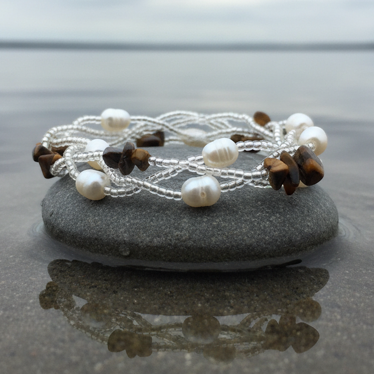 Zoetwater parel met edelstenen armband Twine Pearl Tiger Eye - alternatieve compositie