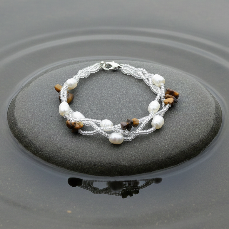Zoetwater parel met edelstenen armband Twine Pearl Tiger Eye - close-up bovenaanzicht