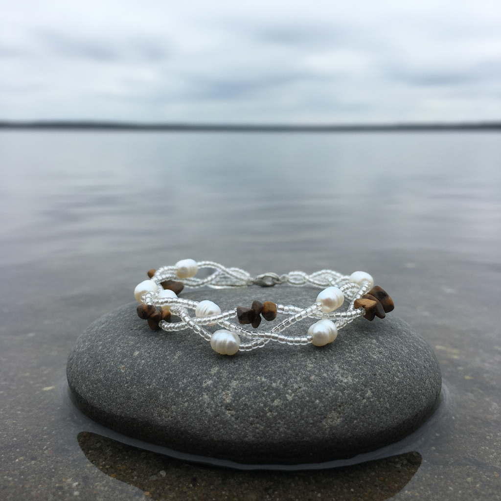 Zoetwater parel met edelstenen armband Twine Pearl Tiger Eye op steen aan het water