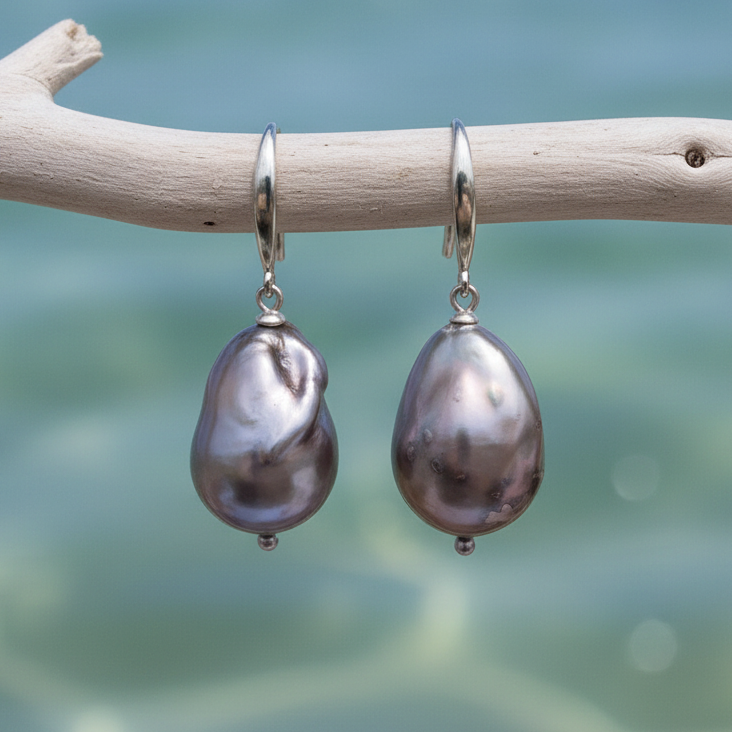 Zoetwater parel oorbellen Big Dangling Nucleated Taupe Pearl aan tak