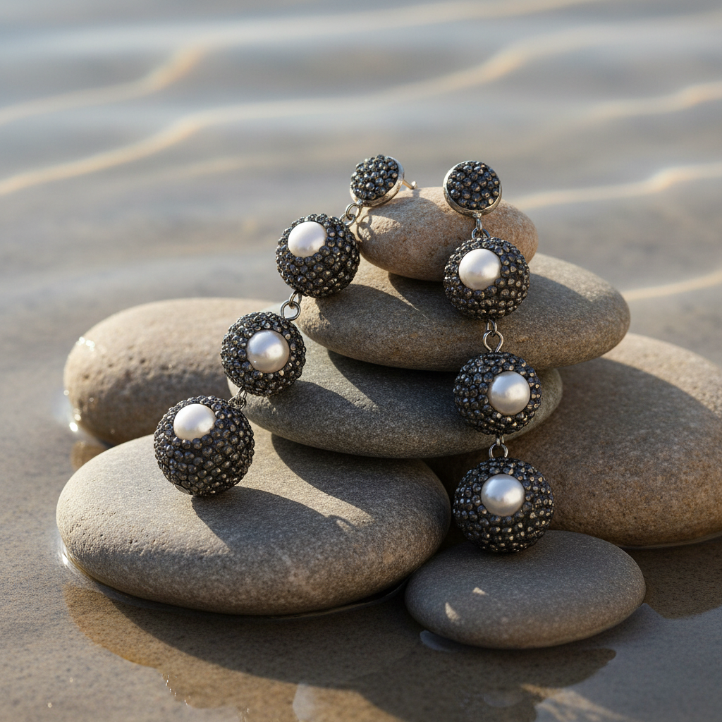 Zoetwater parel oorbellen Bright Pearl Balls op stenen - variant 2