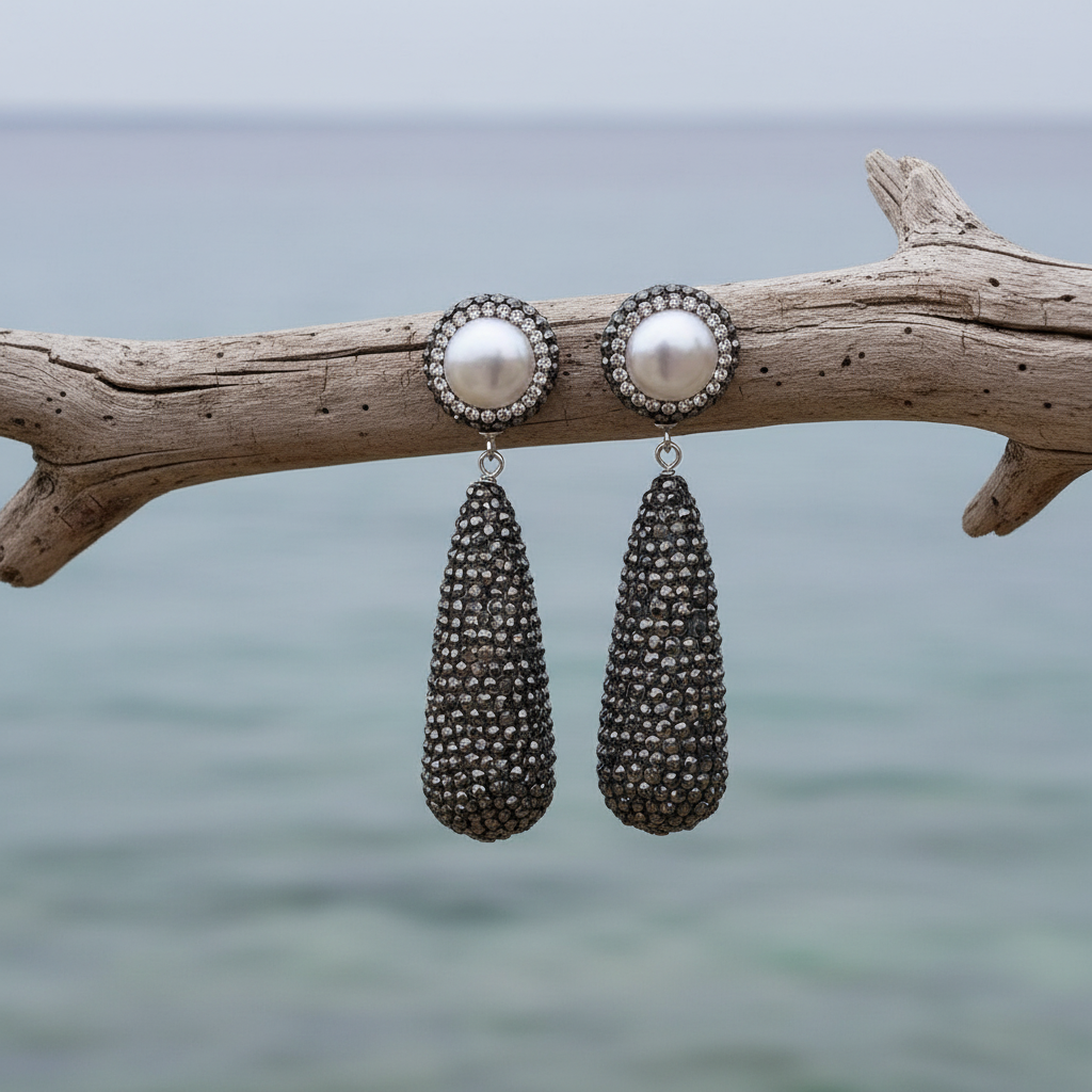 Zoetwater parel oorbellen Bright Pearl Long Drop aan tak