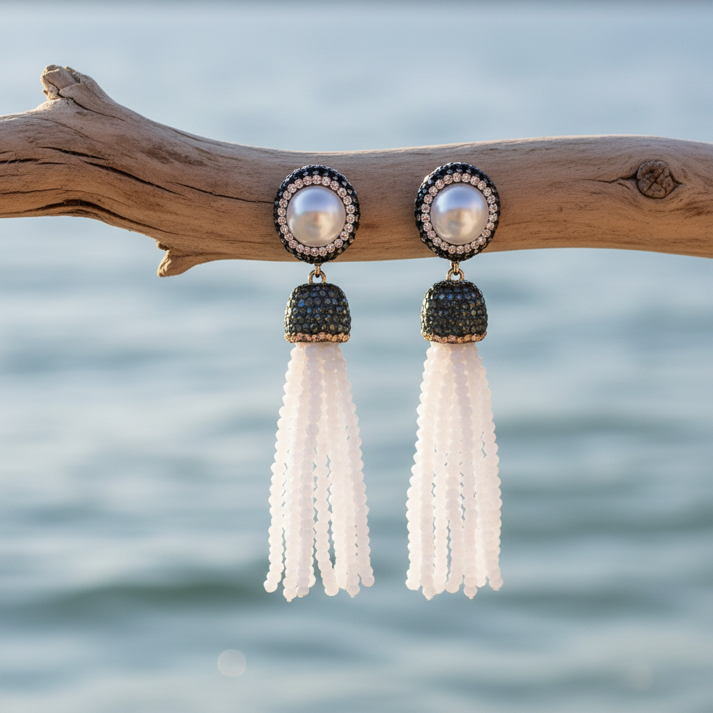 Zoetwater parel oorbellen Bright Pearl White Crystal Tassel Gold aan tak