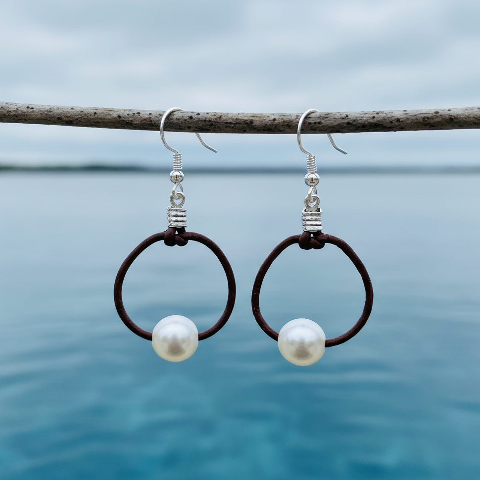 Zoetwater parel oorbellen Brown Leather Pearl aan takje met blauw water