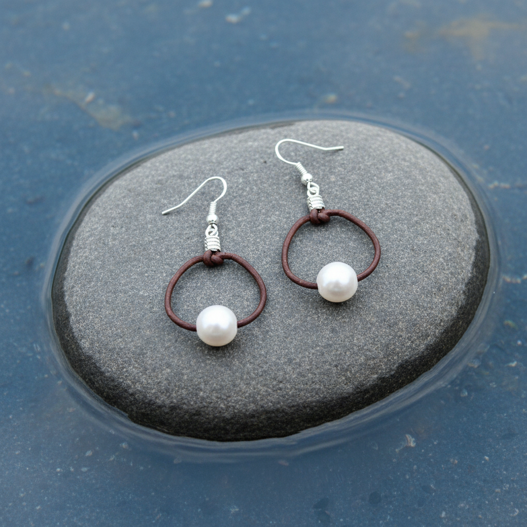 Zoetwater parel oorbellen Brown Leather Pearl - close-up bovenaanzicht op steen in water