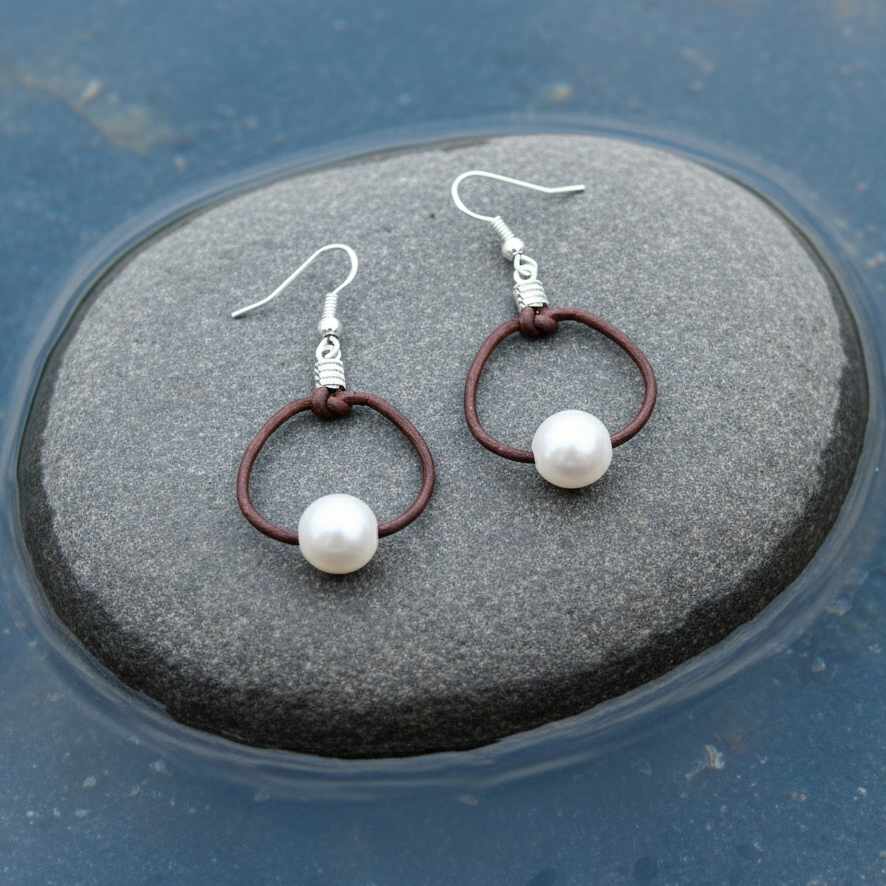 Zoetwater parel oorbellen Brown Leather Pearl - close-up bovenaanzicht op steen in water