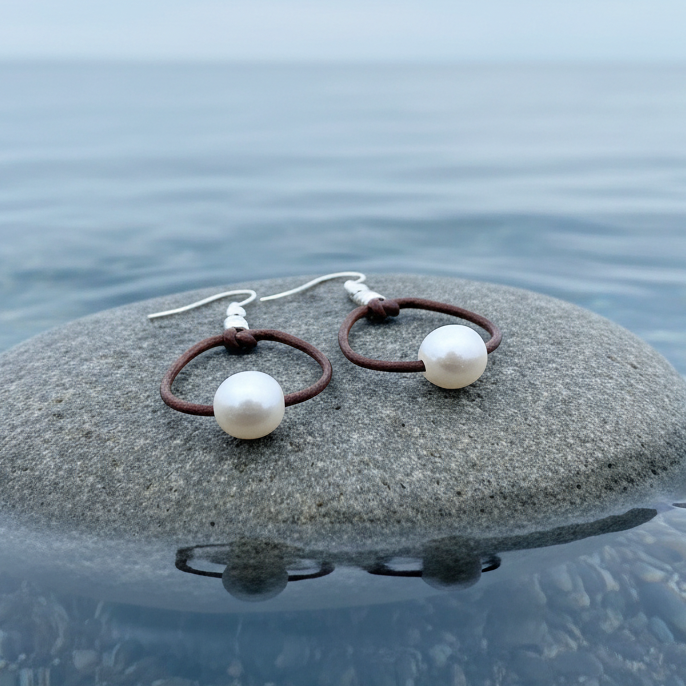 Zoetwater parel oorbellen Brown Leather Pearl op steen in blauw water - realistisch
