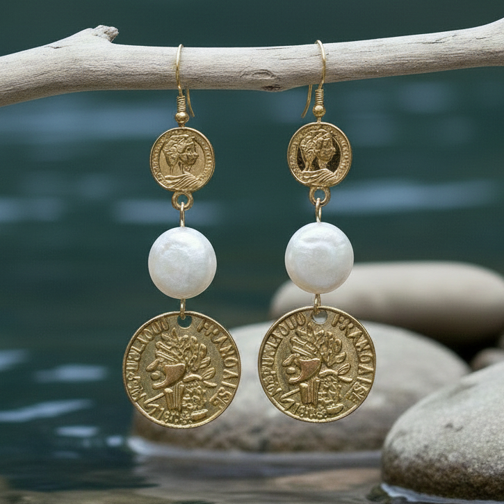 Zoetwater parel oorbellen Double Gold Coin Pearl aan tak met natuurlijk water