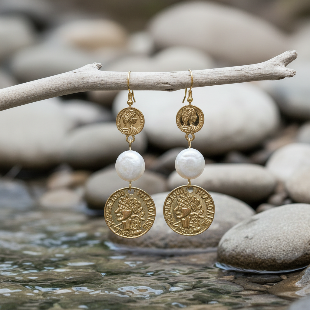 Zoetwater parel oorbellen Double Gold Coin Pearl aan tak met stenen en water