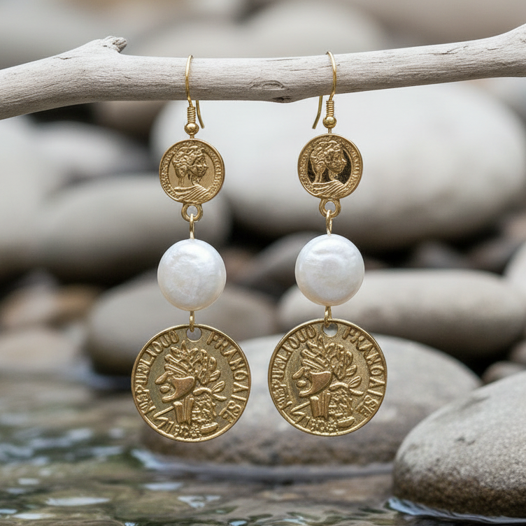 Zoetwater parel oorbellen Double Gold Coin Pearl aan tak met stenen en water