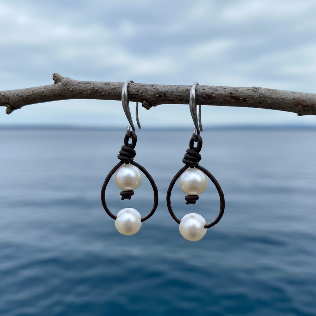 Zoetwater parel oorbellen Double Pearl Brown Leather aan takje met blauw water