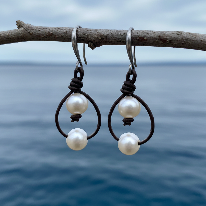 Zoetwater parel oorbellen Double Pearl Brown Leather aan takje met blauw water