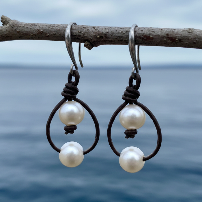Zoetwater parel oorbellen Double Pearl Brown Leather aan takje met blauw water
