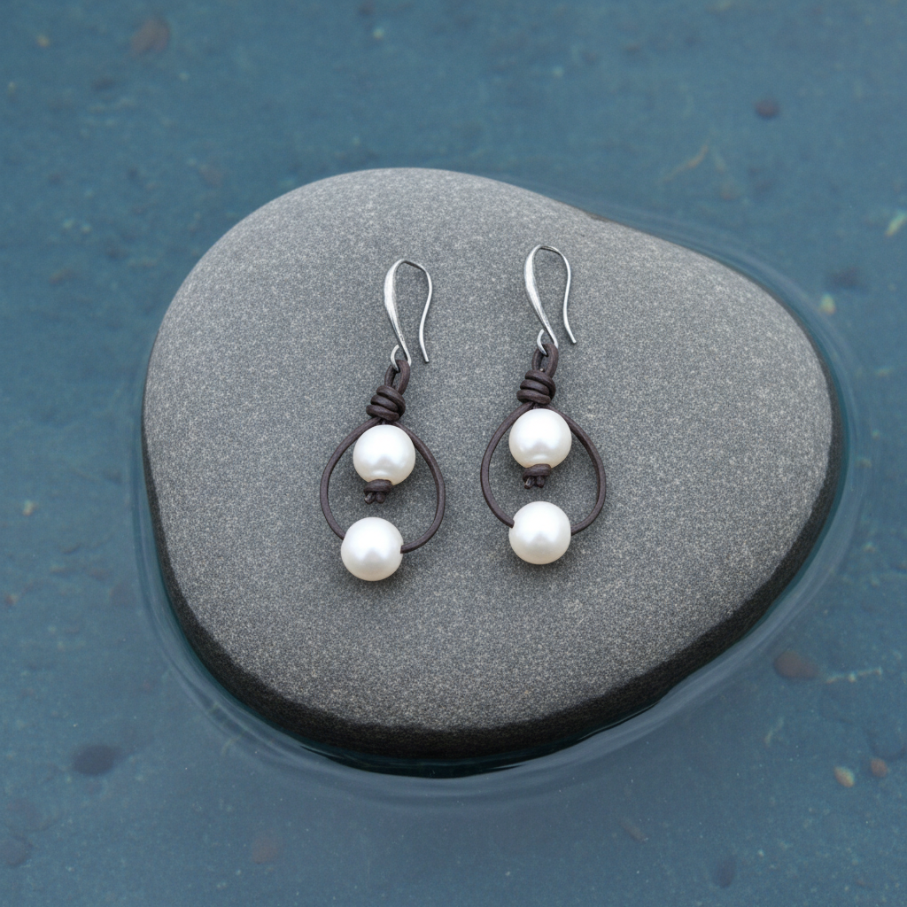 Zoetwater parel oorbellen Double Pearl Brown Leather - close-up bovenaanzicht