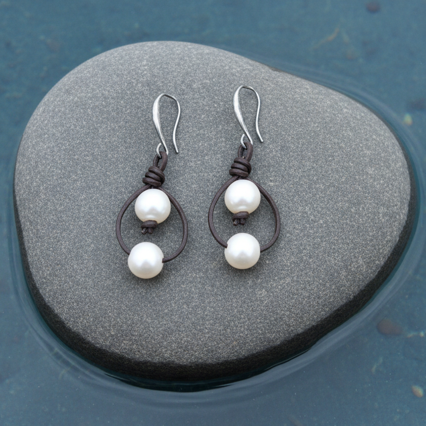 Zoetwater parel oorbellen Double Pearl Brown Leather - close-up bovenaanzicht