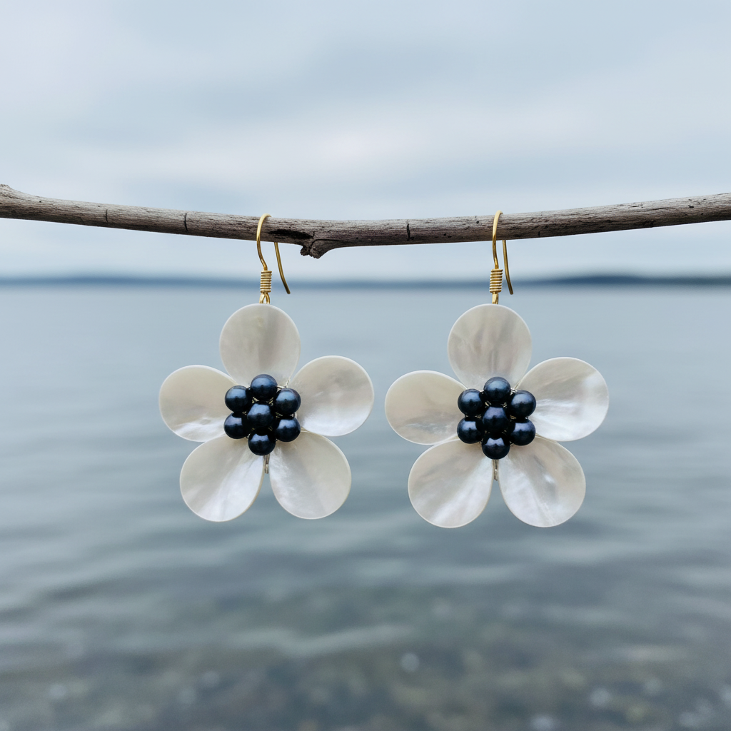 Zoetwater parel oorbellen met parelmoeren bloem en goud edelstalen oorbelhaken hangend aan takje boven water | set Fleury B Gold