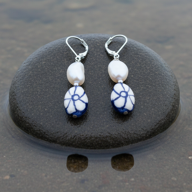 Zoetwater parel oorbellen met witte parels, Delfts blauw ornament en edelstaal liggend op steen | Hollands Glorie Bloem