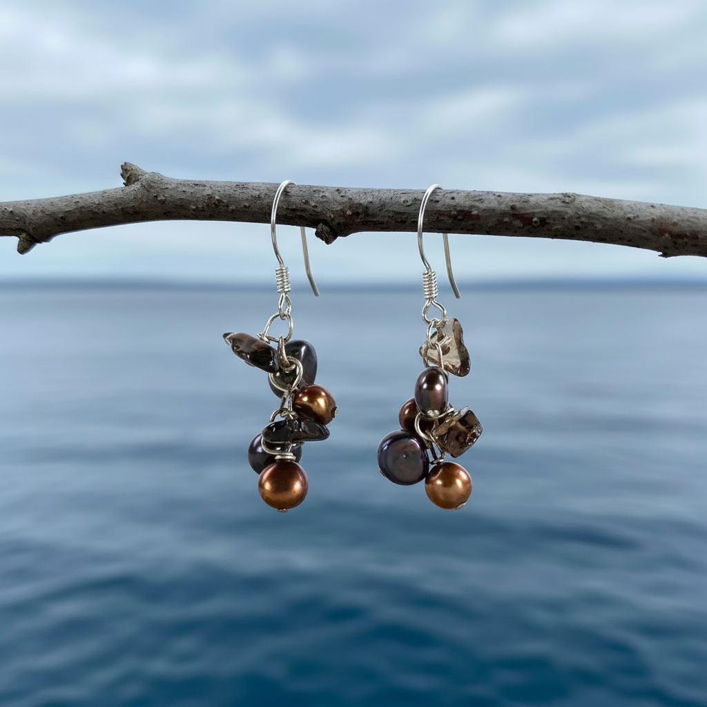 Zoetwater parel oorbellen Little Brown aan takje met blauw water