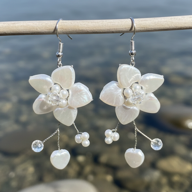 Zoetwater parel oorbellen Long White Flower Pearl aan takje