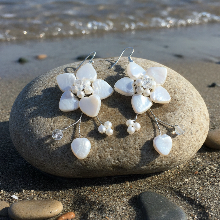 Zoetwater parel oorbellen Long White Flower Pearl op steen
