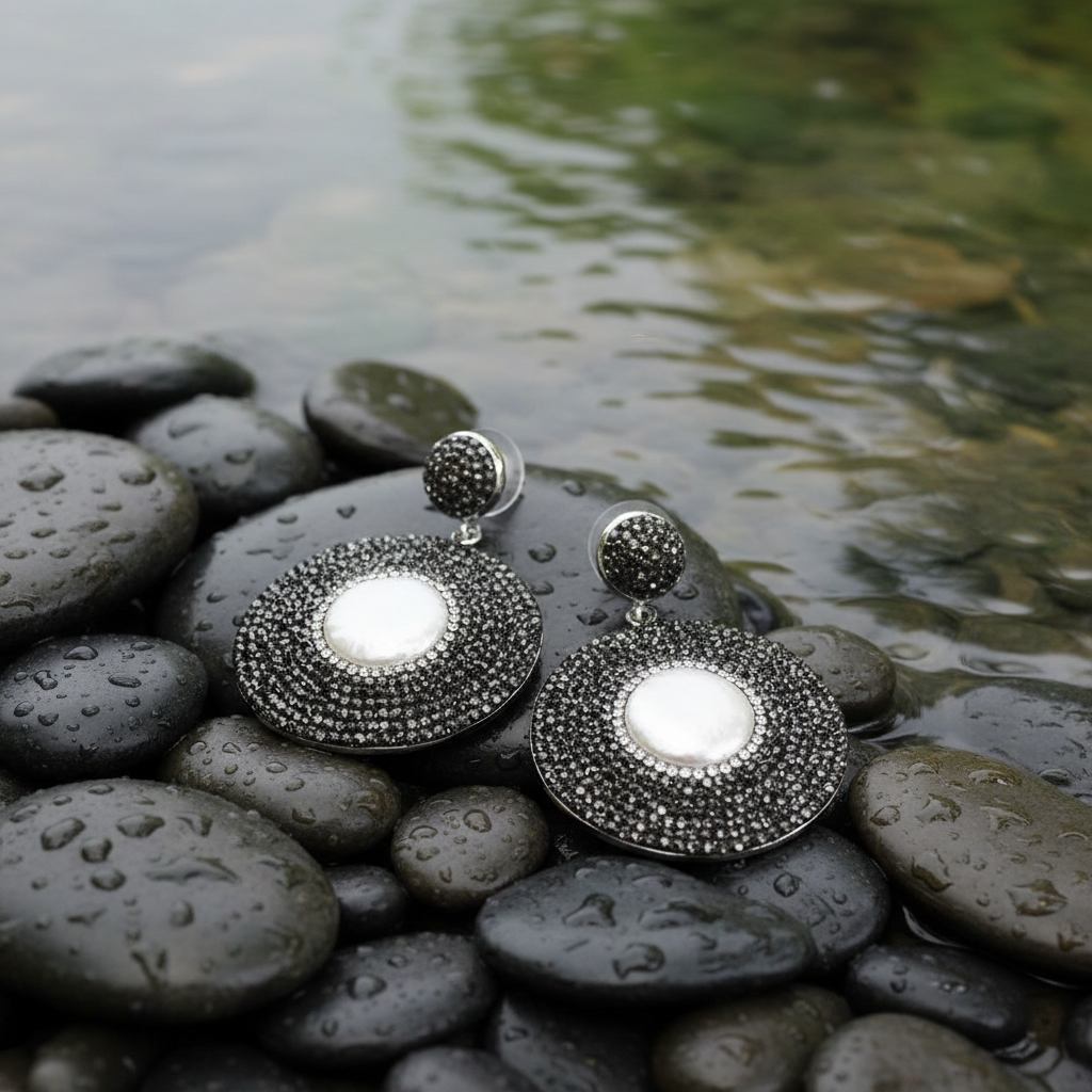 Zoetwater parel oorbellen op stenen bij water