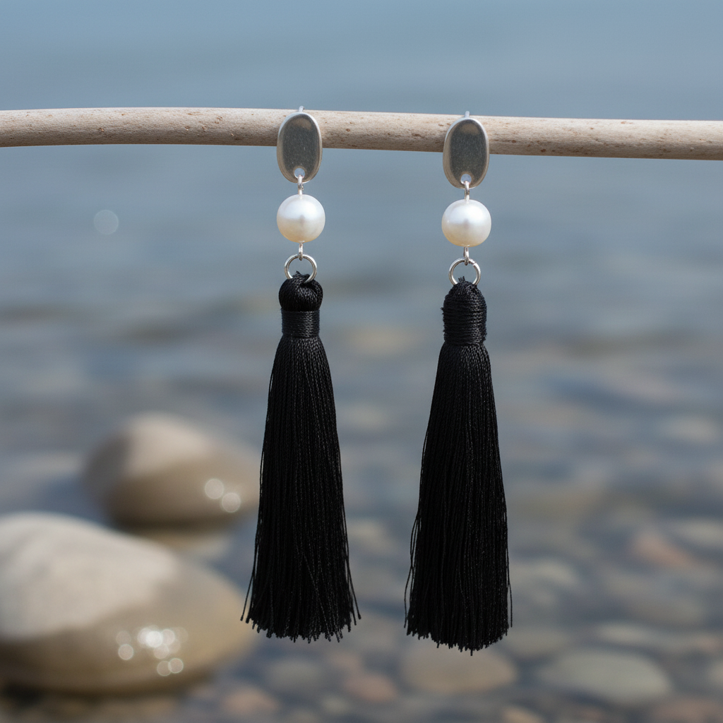 Zoetwater parel oorbellen Pearl Black Tassel aan takje
