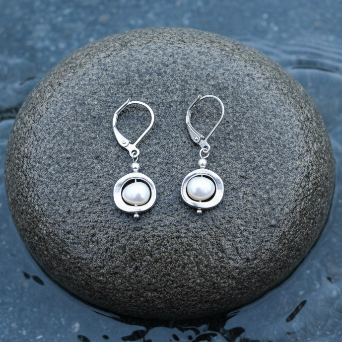 Zoetwater parel oorbellen met witte parels liggend op steen in water | set Pearl Geometric