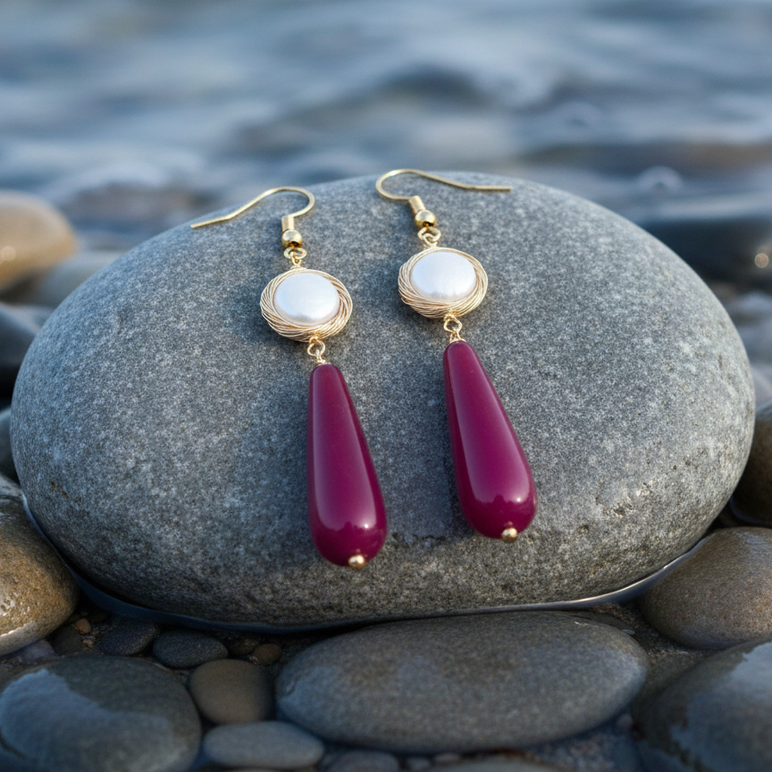Zoetwater parel oorbellen White Coin Red Agate Gold op grotere steen