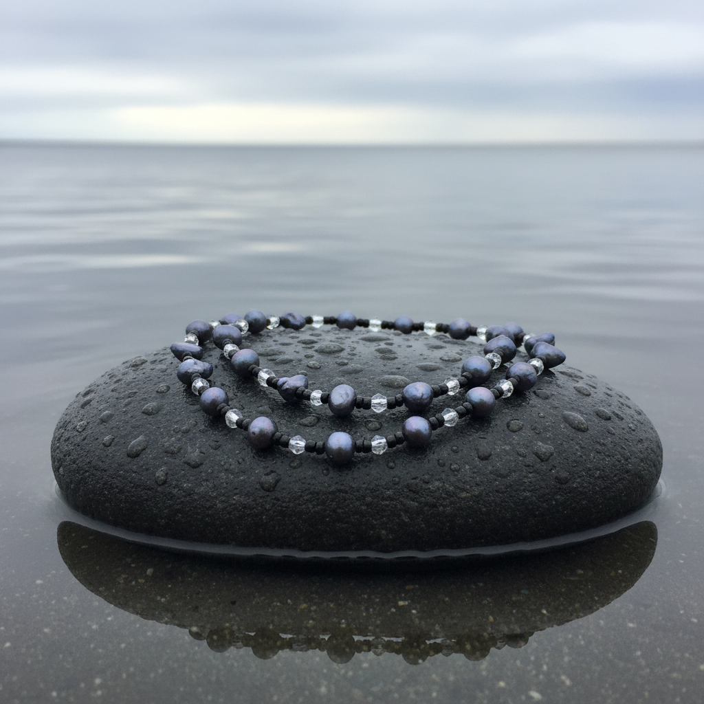 Lange zoetwater parelketting met zwart blauwe parels liggend op natte steen | Izora