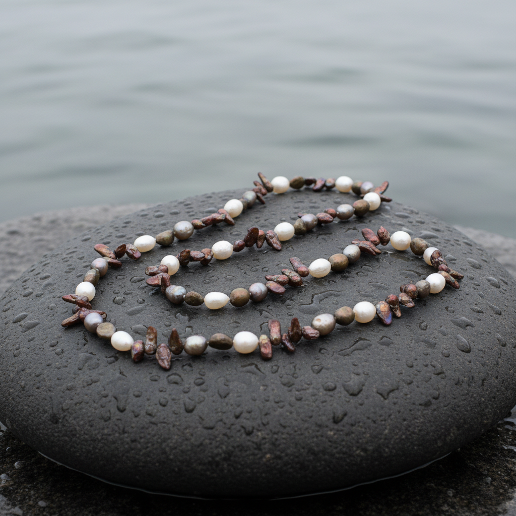 Lange handgeknoopte parelketting met gekleurde parels liggend op natte grijze steen | Lynn