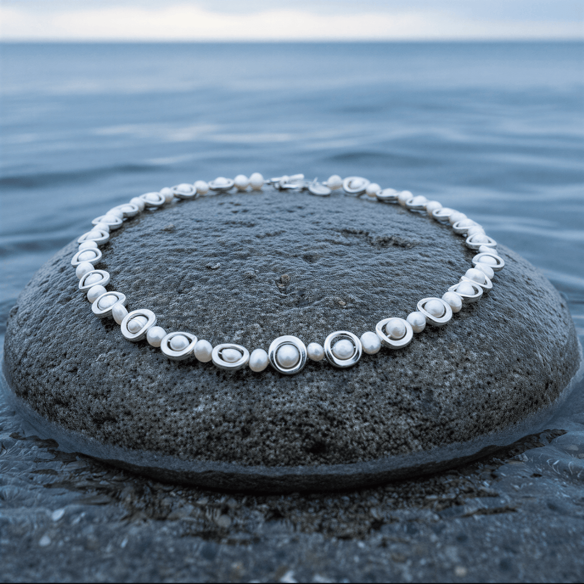 Zoetwater parelketting Pearl Geometric close-up op steen