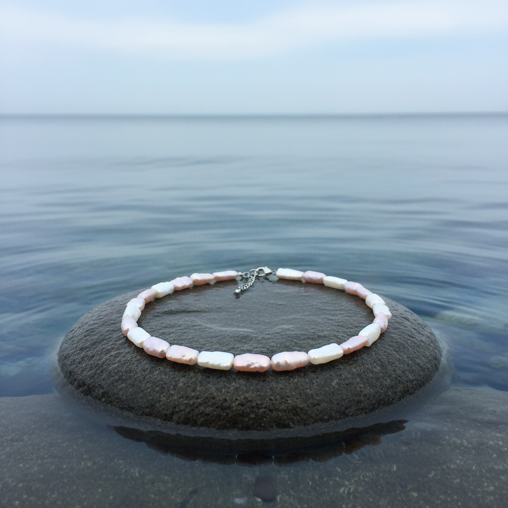 Zoetwater parelketting Pearl Rectangle Soft Colors op grijze steen blauwe waterrand