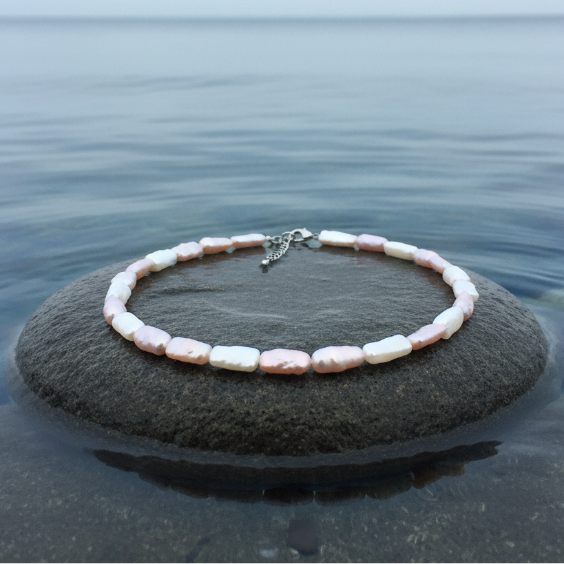 Zoetwater parelketting Pearl Rectangle Soft Colors op grijze steen blauwe waterrand