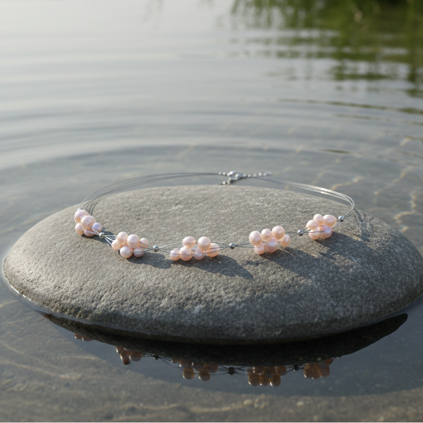 Zoetwater parelketting Sanny op steen aan het water