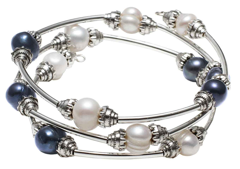 Zoetwater parel wikkelarmband met witte en blauwe parels | Three Loops White &amp; Dark Pearl Pearl