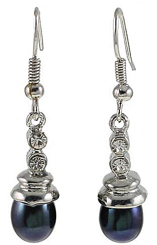 Zwarte zoetwater parel oorbellen met stras steentjes en sterling zilver (925) | Dong
