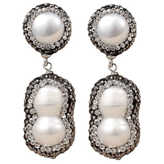 Zoetwater parel oorbellen met witte parels, stras steentjes en sterling zilver (925), andere parel oorbellen | Double Bling Peanut Pearl