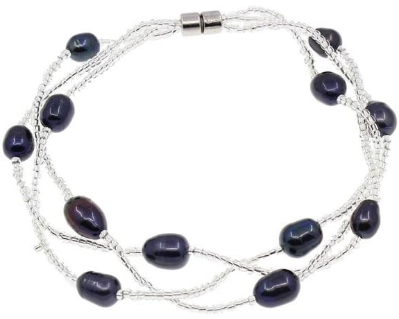 Zoetwater parel armband met zwart blauwe parels in 3 rijen met magneetslot | set Twine Pearl Black