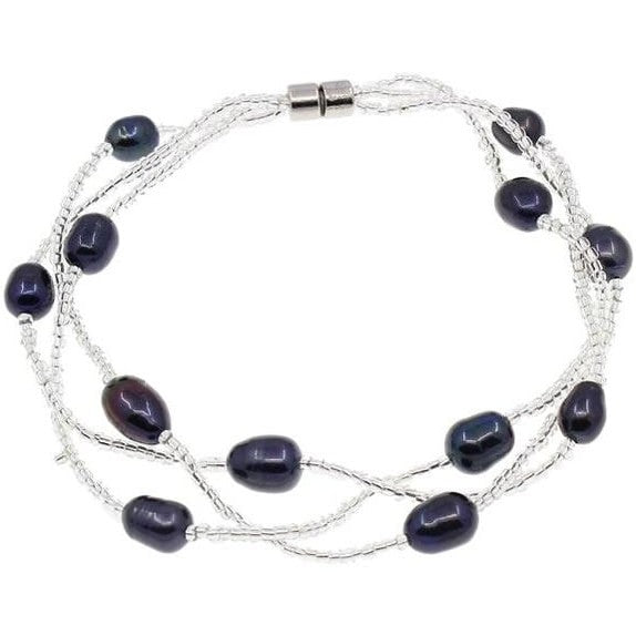 Zoetwater parel armband met zwart blauwe parels in 3 rijen met magneetslot | set Twine Pearl Black