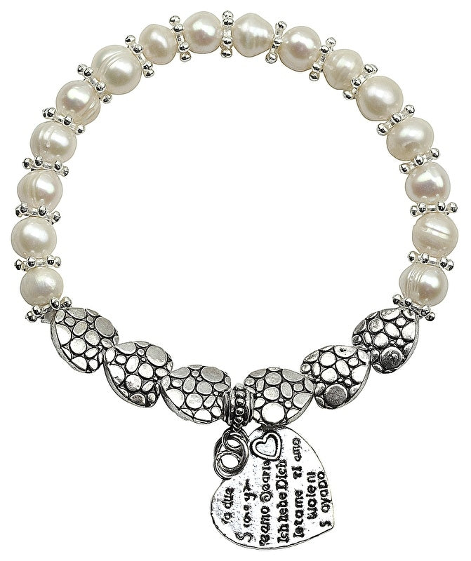 Wit zoetwater parel armband met zilveren hartjes, elastisch | Pearl Hearts